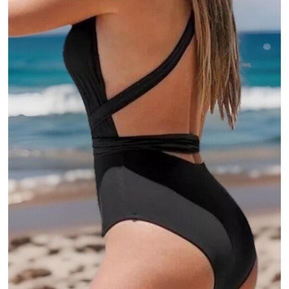 CUPSHE Women M One Piece Swimsuit Black Halter Wrap Deep V Neck Tie Back Cheeky - Picture 2 of 6